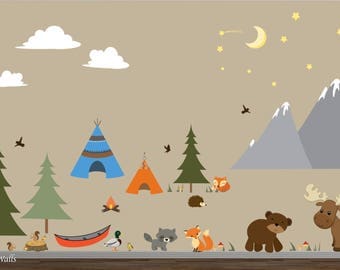 Kids Camping Wall Decor-Mountain Wall Decals-Reusable wall decal, TeePee Wall Decal-Wall Stickers-Mountains, Camp Camper, Moose-e139