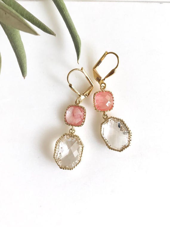 Pink Dangle Earrings in Gold. Gift. Bridesmaid Earrings. Drop