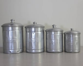 Shabby Chic French Vintage Set of 4 Aluminium Canisters