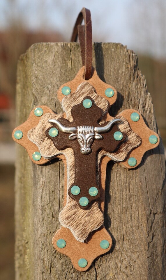 Leather and Cowhide Saddle Tie On Cross with Concho and Bling