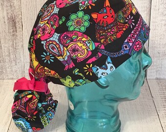 Tropical cats ponytail scrub caps / O R ponytail scrub caps/ Cat scrub caps/Scrub hat/Surgical cap