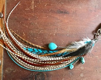 Turquoise Feather Keychain, Bag Charm, Feather Tassel Key Chain, Turqouise Nugget Keychain Long Feather Purse Charm Belt Loop Decoration