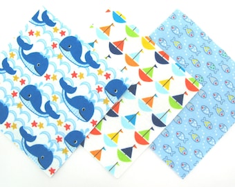 36 Flannel Fabric Pre Cut Quilt Kit in Blue Whales, Bright Sailboats,Tiny Fish Matching Print Flannel 6"x6" Quilt Squares
