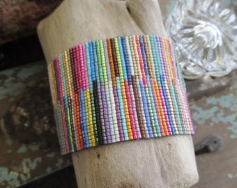Multi color wide beaded leather bracelet - Blurred Lines - colorful fringe tassel friendship bracelet summer festival boho by slashKnots