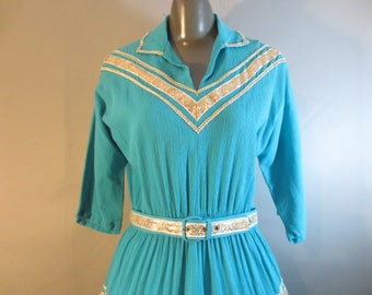 1950's Southwest Squaw Dress, Patio Dress, Turquoise with Gold Trim // Matching Belt, Elastic Waist // 3/4 Raglan Sleeves...30-32" waist