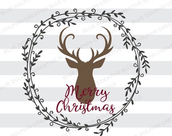 Rustic Merry Christmas with deer wreath SVG DXF png pdf jpg ai, Cricut, Silhouette cut file, vector, vinyl decal file, clip art, download