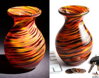Hand Blown Glass Vase - Bulbous Shape with Dark Hot Color Swirls