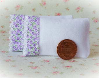 Set of 2 White Bed Pillows with purple floral cotton and lace trim - 1:12 scale, miniature pillows
