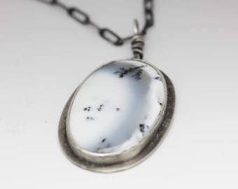 Dendritic Agate Pendant, Agate & Sterling Necklace, Agate Pendant, Black and White, Gift for Her