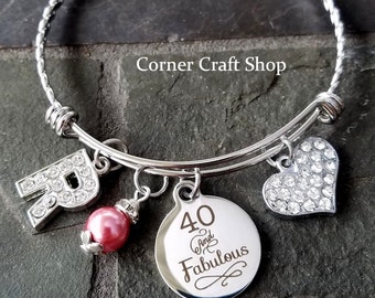 40 and FABULOUS Birthday Personalized Stainless Steel Bangle Bracelet Initial Pearl Bead Rhinestone Heart Charm Gift Friend