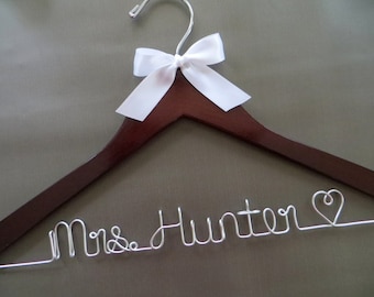 Wooden Wedding Hanger, Wire Wedding Hanger, Bridal Hanger with Bow, Personalized Hanger, Bride Hanger, Engagement Gift, Name Hanger