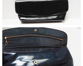 Vintage Clutch Handbag 60s Black Patent Leather Fabric Lining Cool Full Body Metal Zipper