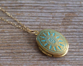 Gold Filled Necklace, Aqua Brass Locket Necklace, Small Aqua Blue Gold Locket, Delicate Necklace, Art Deco Locket, Turquoise Patina Locket