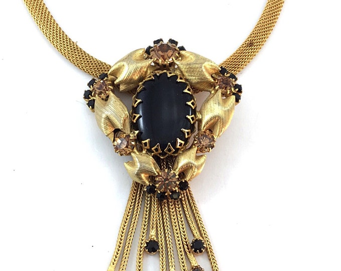 Beautiful Alice Caviness Style, Vintage Gold Mesh Rhinestone Necklace Featuring Black and Sparkly Topaz Rhinestones,