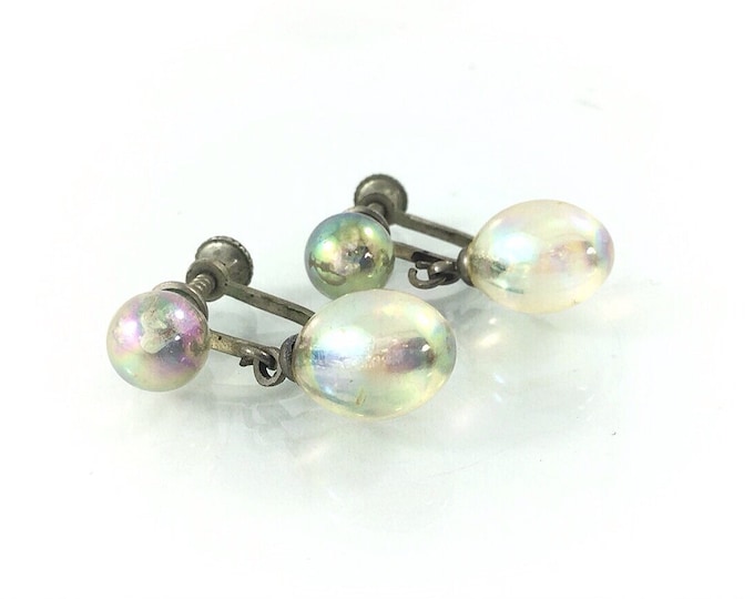 Antique Bubble Glass Earrings, Carnival Glass Earrings. Antique Vintage dangle earrings. Rainbow glass bubble bead earrings.