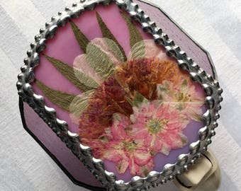 Stained Glass Nightlight|Pressed Flower Art|Larkspur|Godeta|Wild Flowers|Pink Glass|OOAK||Lighting|Nightlight|Handcrafted|Made in USA