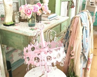 chandelier pale pink Vintage crystals shabby chic prairie cottage chic rachel aswell