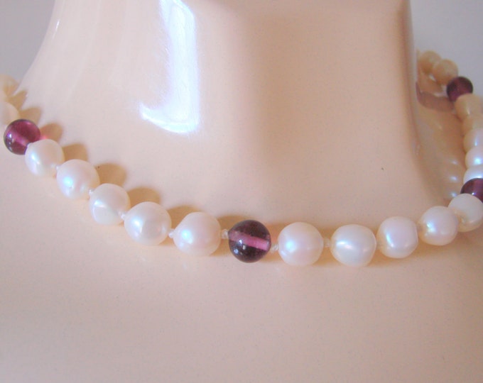 Vintage Trifari Faux Pearl Amethyst Glass Bead Necklace Jewelry Jewellery