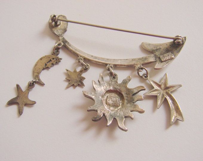 Vintage Dari Designer Signed Silver Pendant Brooch Southwestern Motifs Sun Moon Star Arrow Charms Jewelry