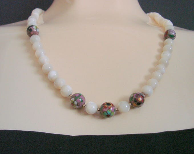 Vintage Mother of Pearl & Cloisonne Bead Necklace / Filigree Clasp / Jewelry / Jewellery