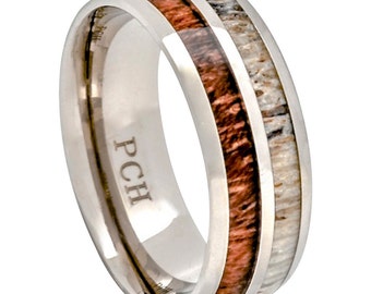 Deer Antler and Koa Wood Ring Titanium Mens Wedding Band Comfort Fit