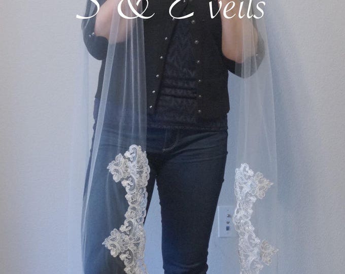 SWEEP Veil with LACE Applique edge, embellishments for any veil, chapel, hip,ivory and white colors, embroidery for veils, edge with lace
