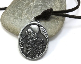 Large Howling Wolf Pendant - Native Wolf Jewelry, Faux Suede Cord