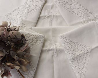 TWO French Antique Linen Pillow Cases...Monogram LR....Hand Crochet Lace Borders.