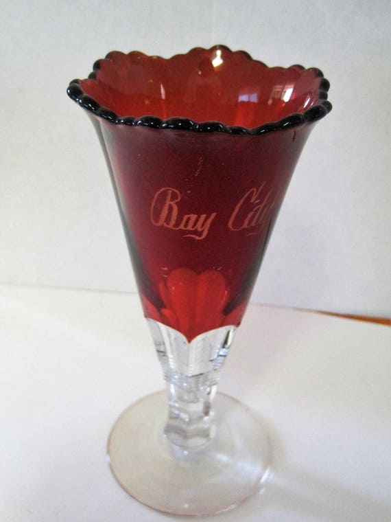 Ruby Flash Glass Vase - Red Signed Souvenir - Bay City Michigan