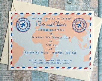 Travel themed wedding invitation - postcard style - Travel Ticket design
