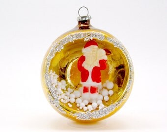 Vintage Mercury Glass Santa Diorama Christmas Ornament 1950s Christmas Decoration Bauble Japan Gold