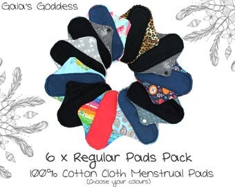 6x Regular Cloth Menstrual Pads Set (You Pick Colours) Reusable Cotton Sanitary Pads