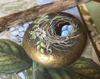 Hand Painted Rock, Painted Bird Nest, Rock Art, Paperweight, Painted Blue Eggs