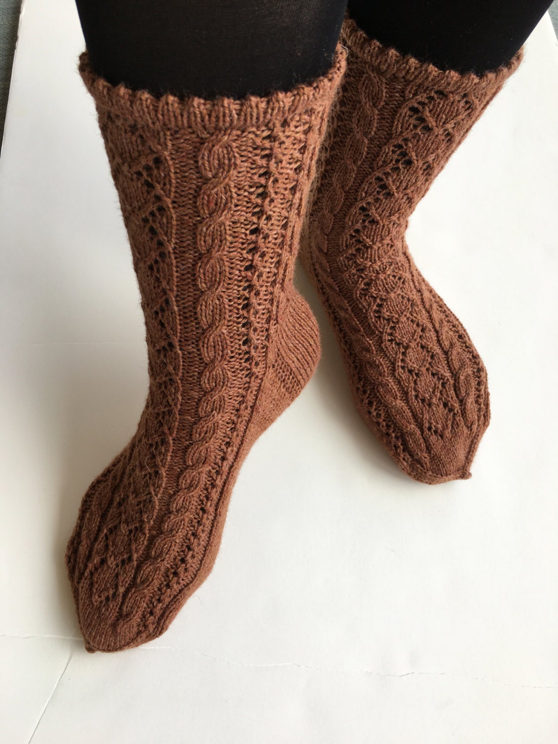Hand knitted lace pattern socks women size 8-9 color brown.