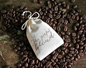 Wedding favor bags, set of 50 coffee or tea favor bags. Modern script The Perfect Blend design in brown. Bridal shower, party favor bags.