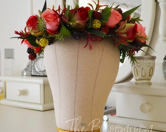 Rustic flower crown / Red Pink flower crown / Rose flower crown / Berry crown / Red / Pink / Classy flower crown / Flower circlet