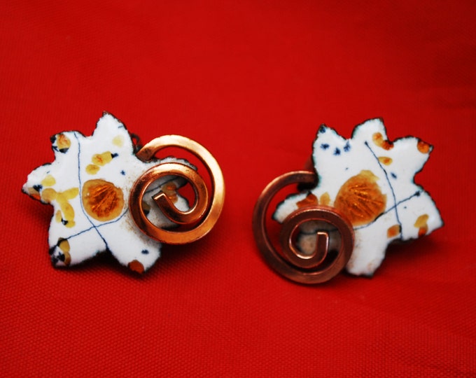 Copper Leaf Earrings - White Gold Black Enamel - Signed Renoir Matisse - Mid Century - Swirl