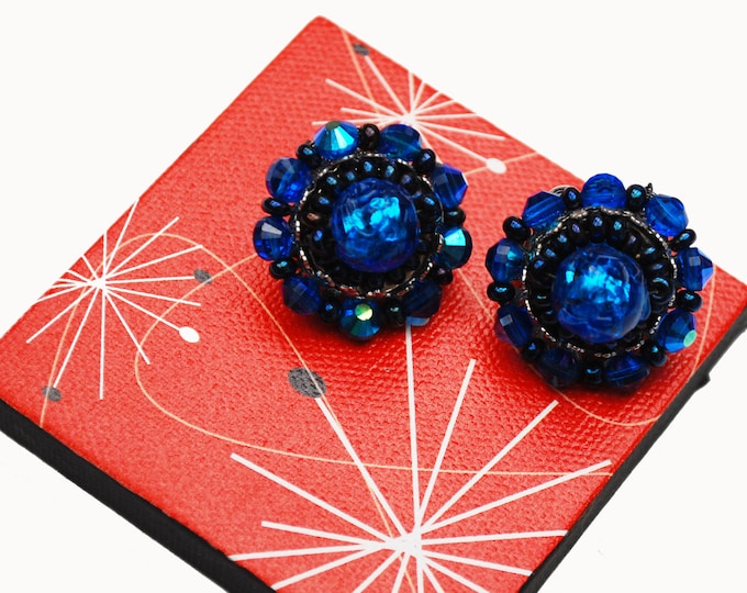 Hobe Bead Cluster earrings - Blue Art Glass - silver black - clip on earring