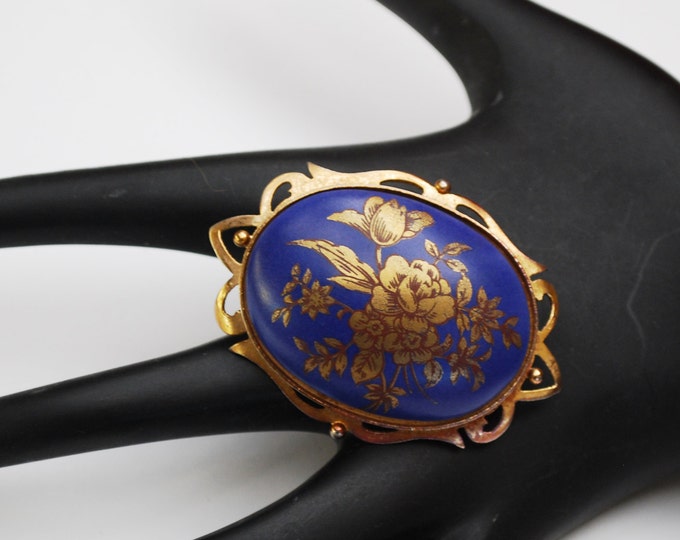 Blue Gold Flower Brooch -coblat blue Enamel gold floral - Victorian Revival Style - Oval domed gold ornate pin