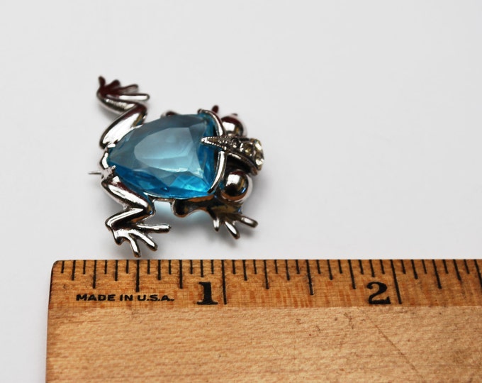 Sterling Blue Glass Frog Brooch - Silver - Crystal figurine pin