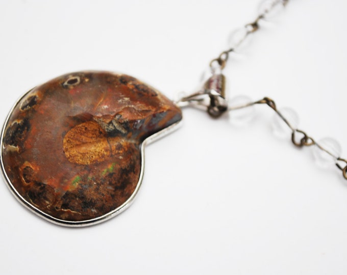 Ammonite pendant Necklace - polished quartz bead - Handmade Necklace