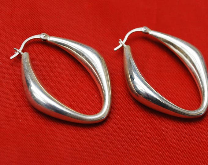 Large Sterling Hoop Earrings - hallow sliver hoops - Modernistic design - Signed CNA 925 Thailand - pierced earrings