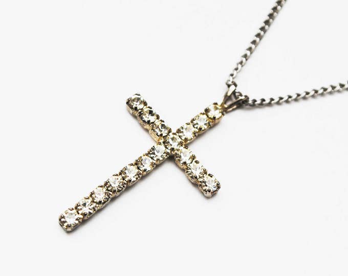 Rhinestone Cross Pendant Necklace - Clear crystal - Silver tone metal - religious necklace