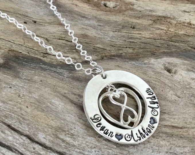 Personalized Infinity Necklace - Infinity Heart Necklace - Family Necklace - Mothers Necklace - Hand Stamped Jewelry - Name Necklace