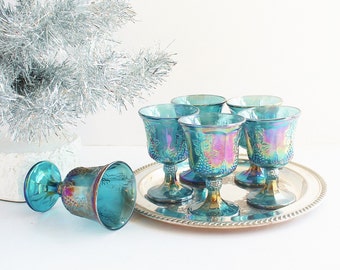 Six (6) Indiana Iridescent Blue Carnival Glass Wine Goblets Stemware / Art Nouveau Traditional Bohemian / Christmas Holiday Entertaining