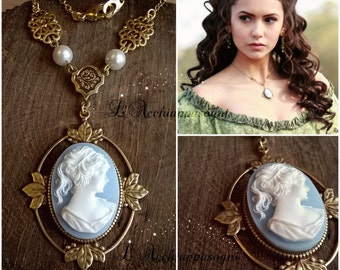 The Vampire Diaries jewelry Katherine Pierce necklace - Resin Cameo - Sun Protection - 1864 cameo - brass setting - leaves