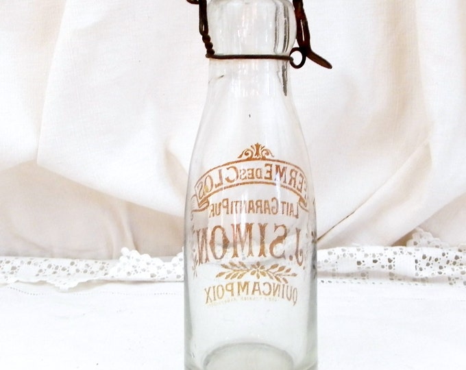 Rare Antique French Glass and Porcelain Milk Bottle "Ferme des Clos J. Simon Quincampoix", Farmhouse, Country Decor, Kitchen, Collectible,