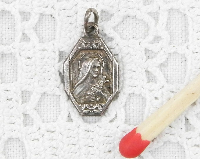 Antique French Religious Silver Plated Medal of Saint Teresa, St Therese Catholic Religious Rosary Charm, Christian Religion, Normandy