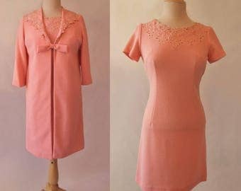 Pink Ensemble, Dress and Coat With Cut Work Trim - 1960s