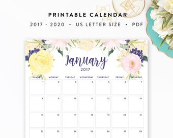 2017 - 2020 Printable Calendar - Floral Watercolor - Letter Size - INSTANT DOWNLOAD